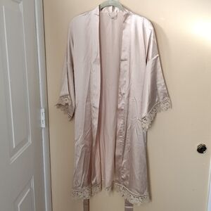AW Bridal champagne Cream satin lace trim belted robe pockets XL Luxurious Relax